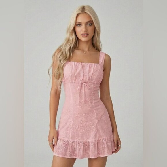 Boho Floral  Mini Dress - Square Neck Fit & Flare White - Picture 3 of 11